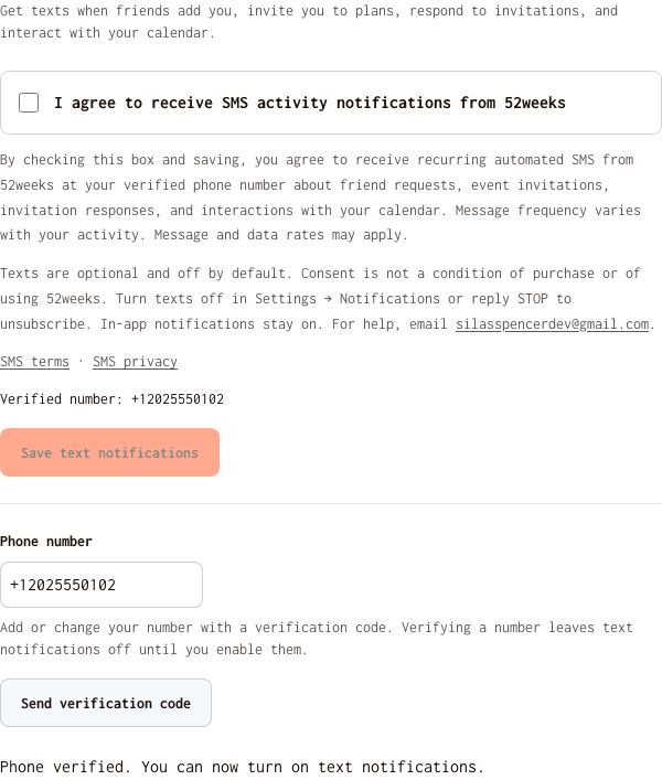 52weeks notification settings after phone verification, with the SMS consent checkbox unchecked and the disclosure and policy links visible.